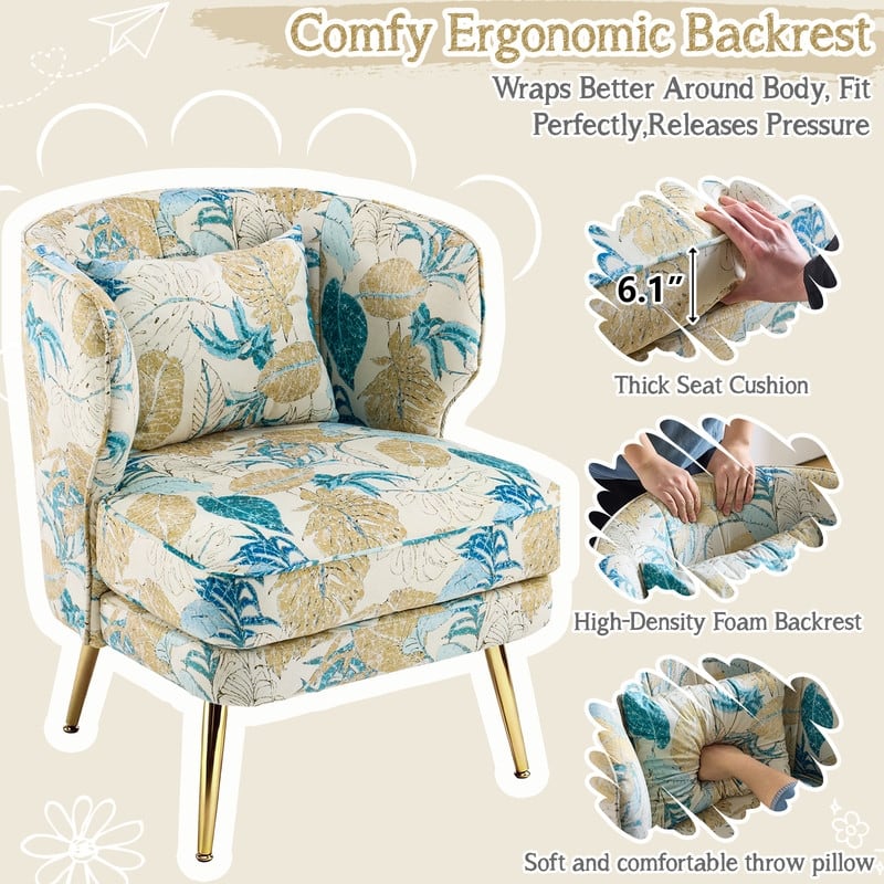 Mid Century Modern Upholstered Reading Chair with Lumbar Pillow, Gold Metal Legs, Small Space Friendly for Living Room Bedroom