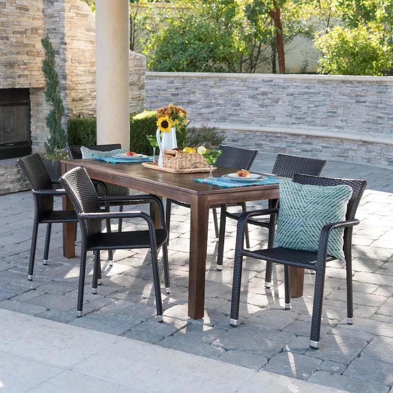 Newcastle Outdoor 7-piece Aluminum Wicker Wood Dining Set by Christopher Knight Home - Brown