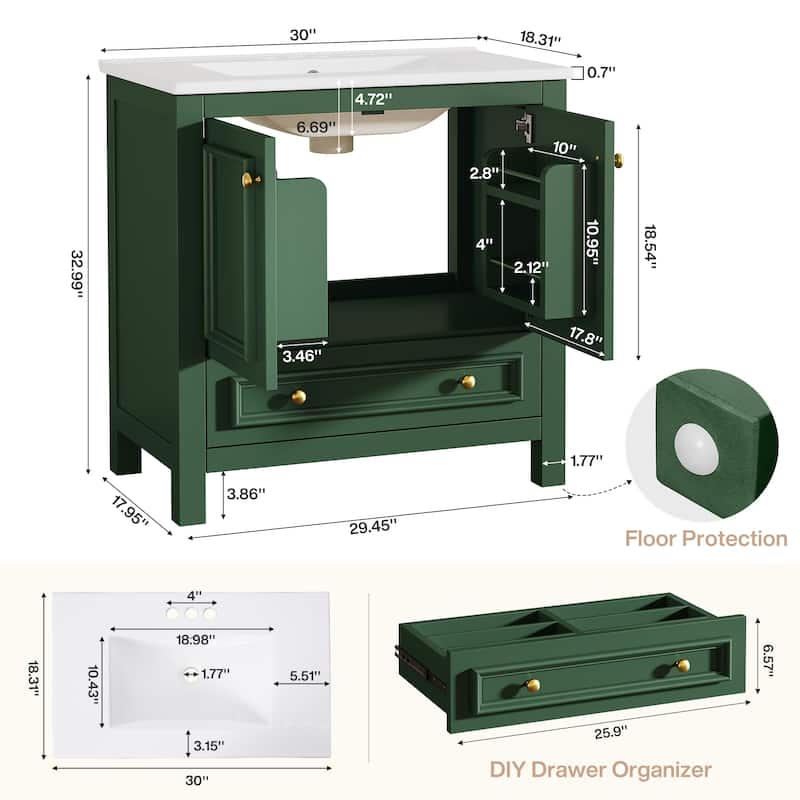 30 Inches Modern Bathroom Vanity with Sink, Vanity Cabinet with Drawer and Door Organizer