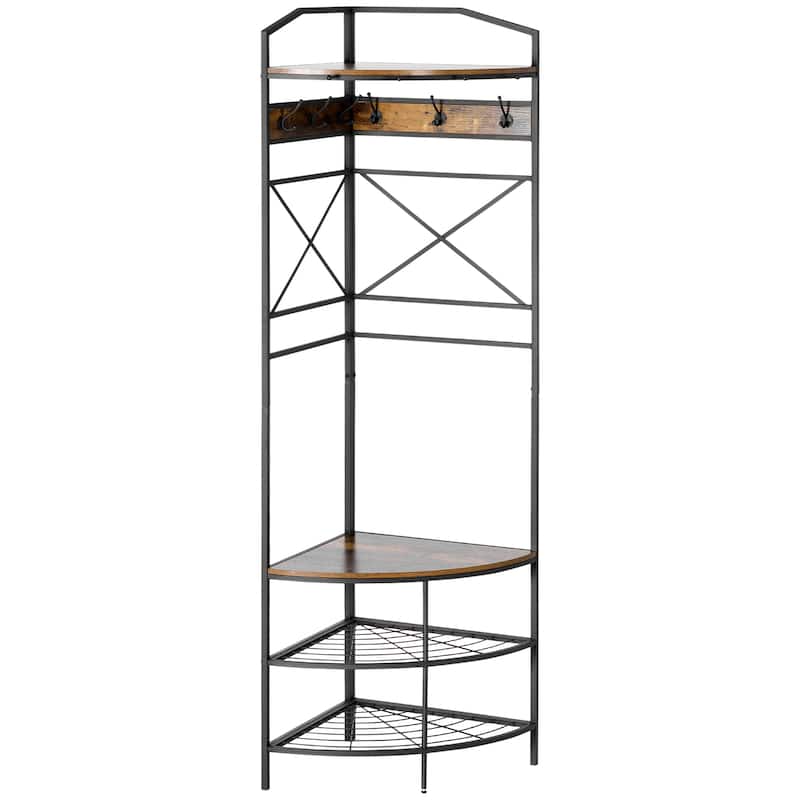 HOMCOM Industrial Corner Hall Tree with Shoe Bench, Entryway Coat Rack, Freestanding Coat Tree with 6 Double Hooks, Rustic Brown