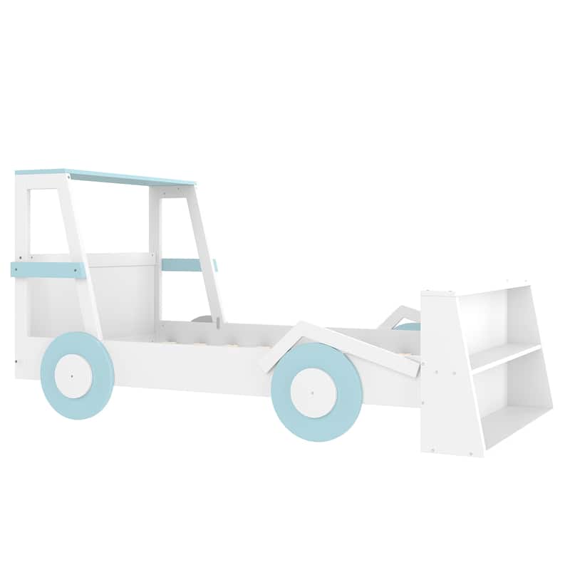 Twin Size Car Bed with Storage Shelves - Kids Platform Bed, Cute Car Shape, Childlike Design