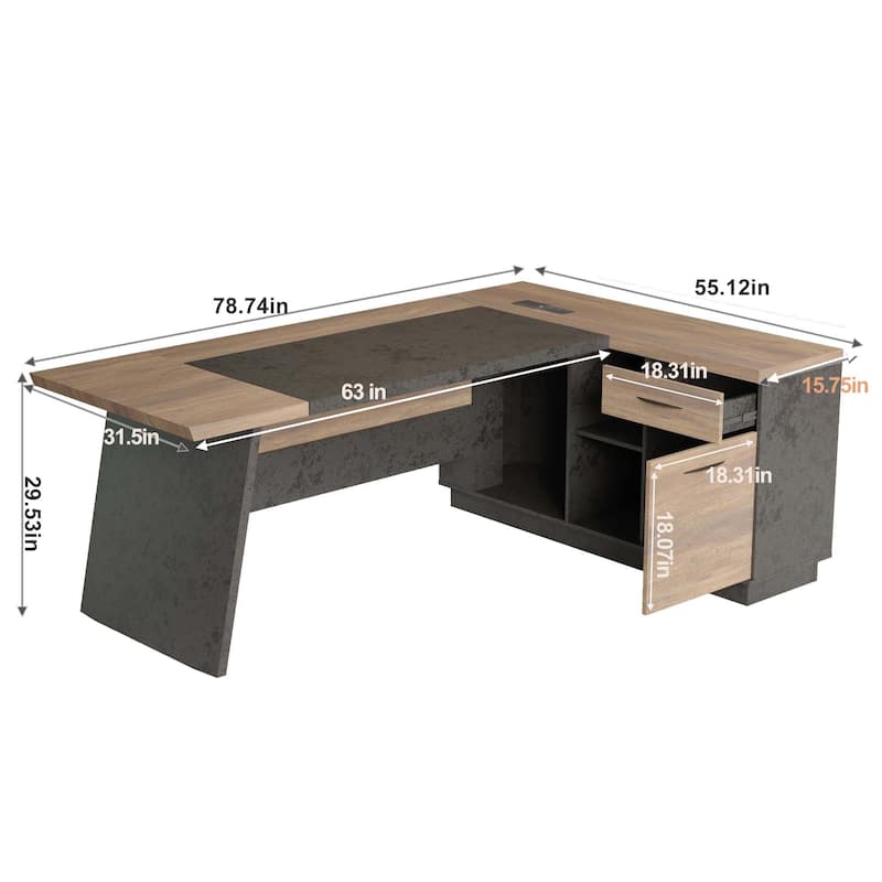 WESOME 78.74in Modern L-Shaped Executive Desk with Drawer 2-Tier Storage Shelves Cabinets