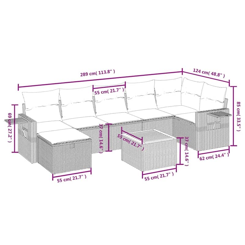 vidaXL Patio Sofa Set with Cushions Outdoor Furniture 8 Piece Poly Rattan - 24.4" x 24.4" x 27.2"
