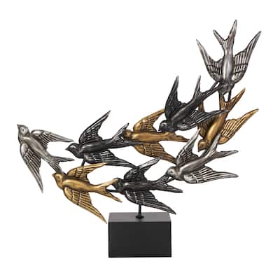 Metal Bird Metallic Flying Sculpture with Black Block Base - Black - Roche River Decor - 4"W x 20"L x 19"H