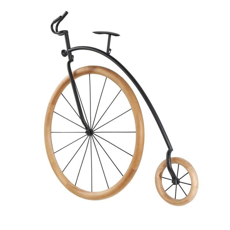 Black Metal Bike Home Wall Decor with Brown Wooden Wheels