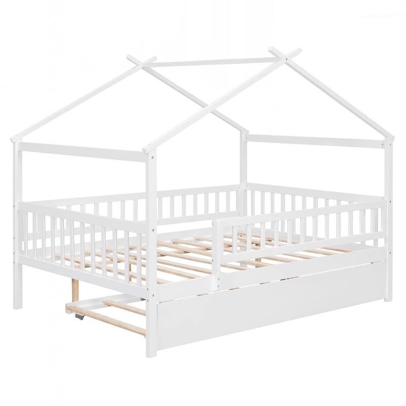 Full Size Wooden House Bed with Twin Size Trundle