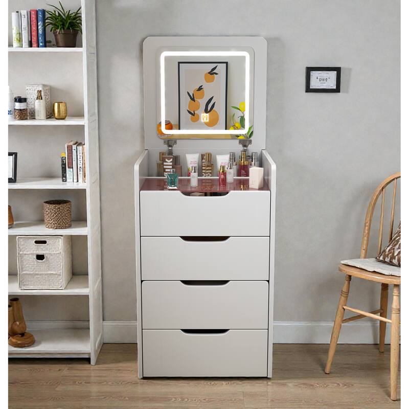 3-in-1 Vanity Desk with Flip-Top Lighted Mirror, Glass Desktop Makeup Table with 3 Drawers for Bedroom - White