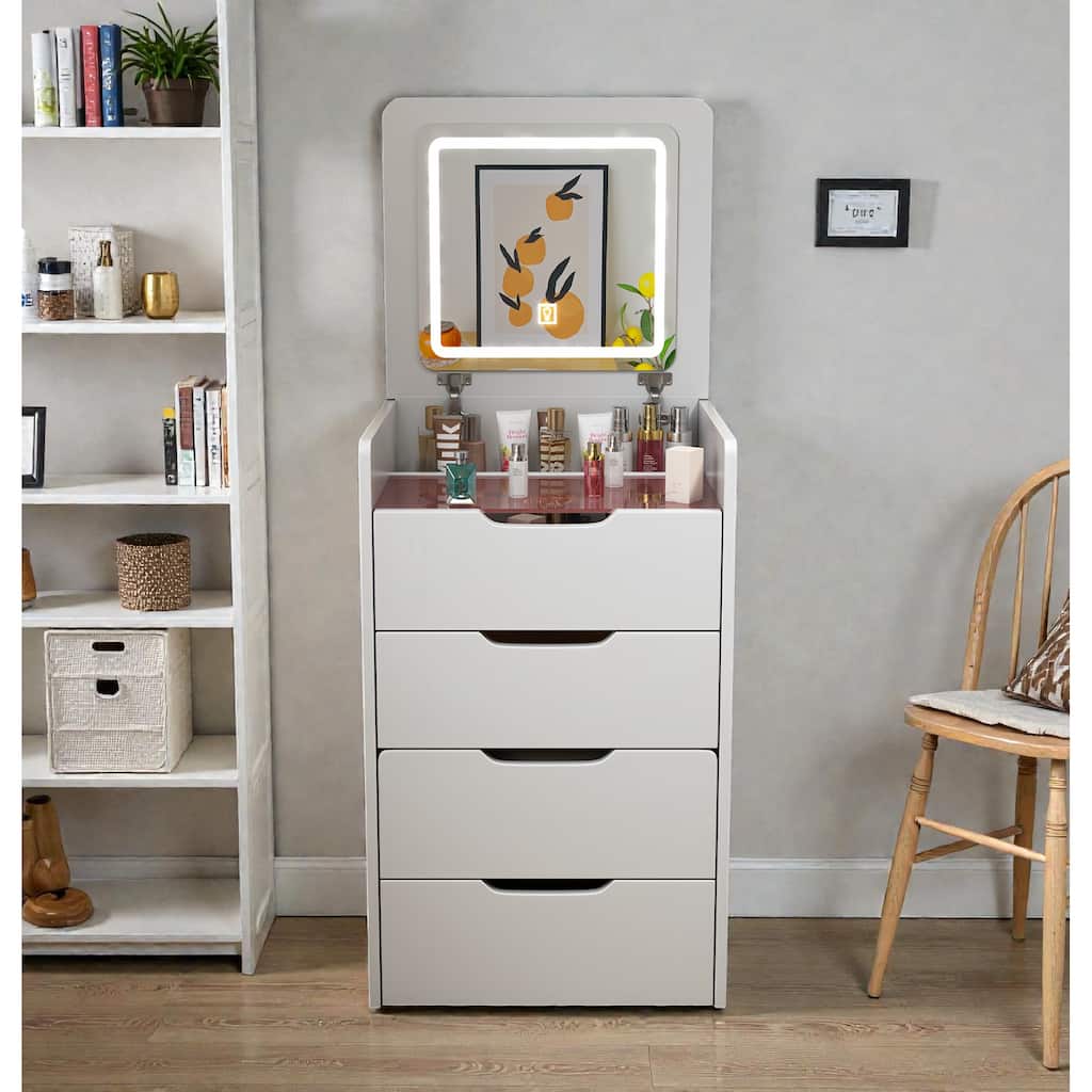 3-in-1 Vanity Desk with Flip-Top Lighted Mirror, Glass Desktop Makeup Table with 3 Drawers for Bedroom