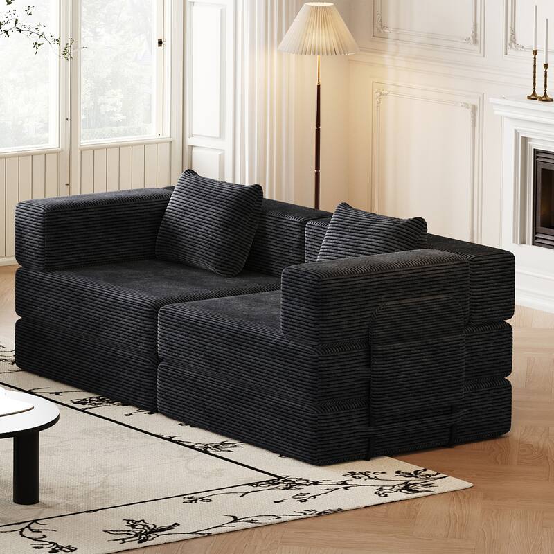Folding Loveseat Sofa Convertible Sleeper Sofa Bed, Floor Standing Couch Bed Corduroy Floor Mats with Side Pockets and Pillows