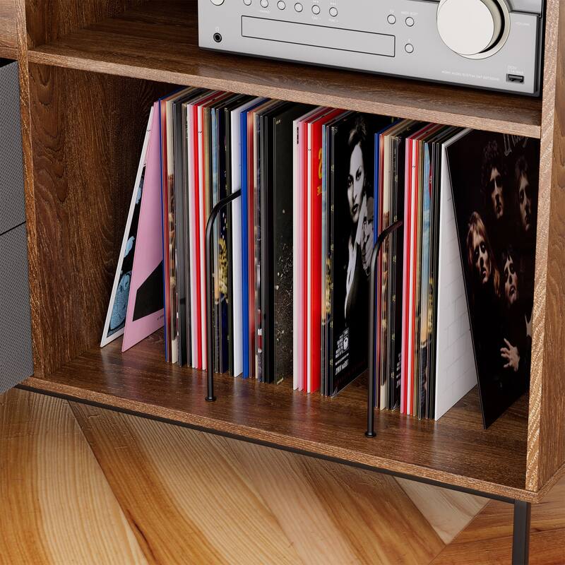 Record Player Stand with Power Outlet & Flip-Down Lid,Turntable Table with Storage,Media Console with 2 Drawers