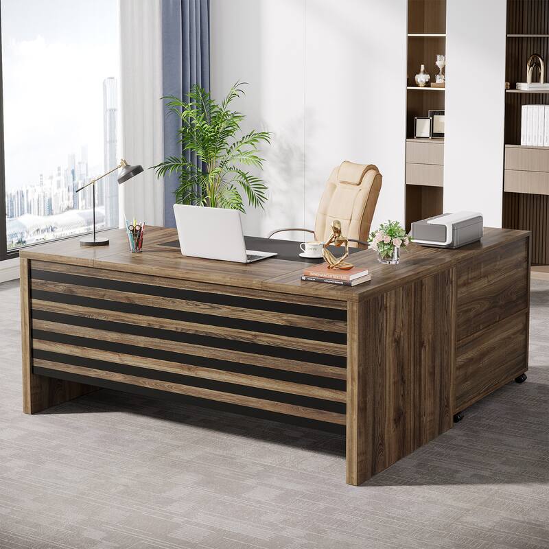 62.2" Executive Desk with Mobile File Cabinet, L-Shaped Office Desk for Home Office