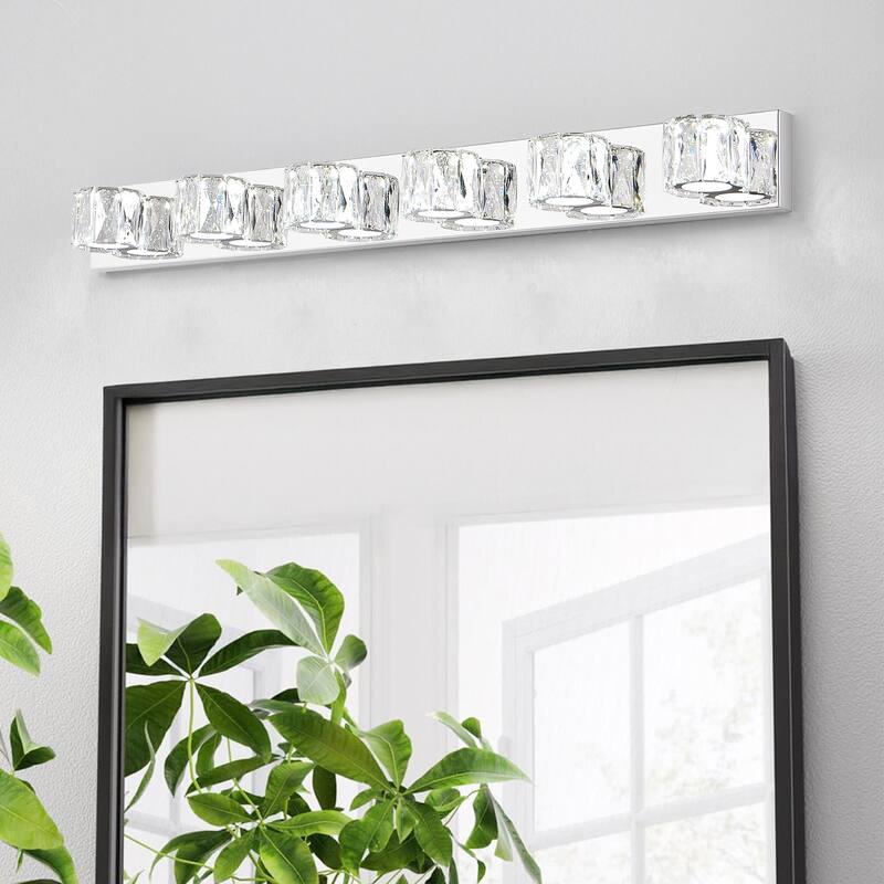 41" Modern Crystal 6-Light LED Wall Sconce - Elegant Chrome Bathroom Vanity Light with Clear Crystal Shades