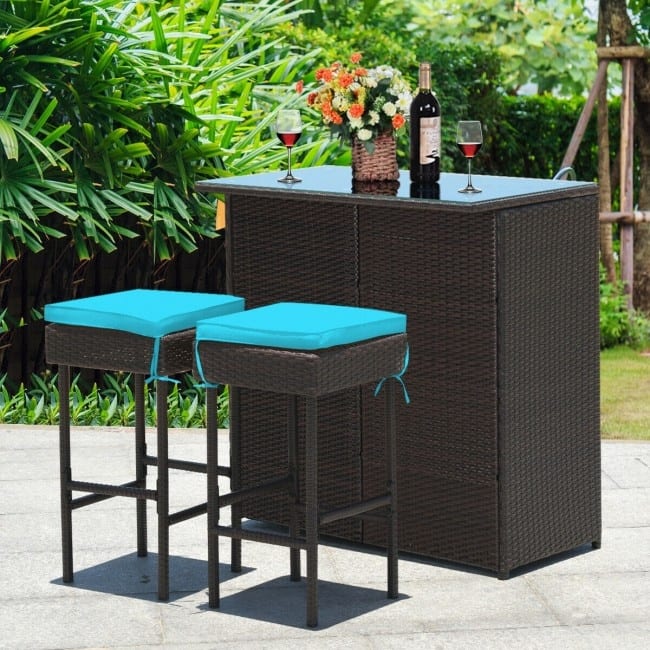 3-Piece Patio Rattan Wicker Bar Set with 2 Cushioned Stools for Outdoor Entertaining - 40" x 24" x 41.5" (L x W x H)
