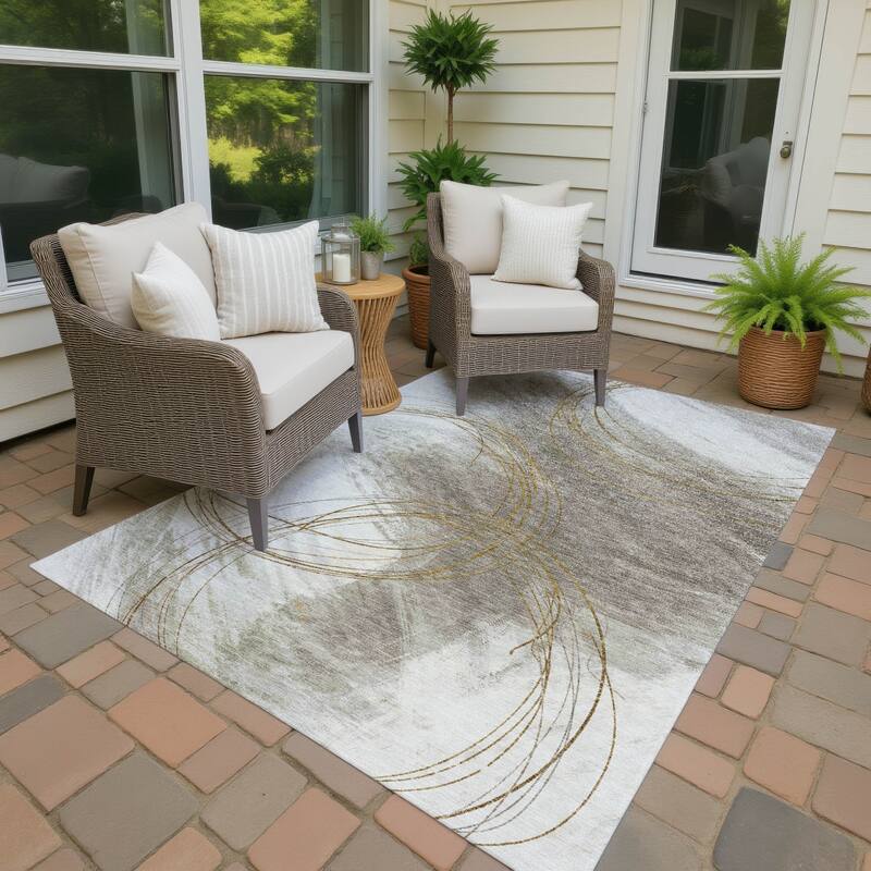 Machine Washable Indoor/ Outdoor Abstract Modern Chantille Rug - Khaki - 9' x 12'