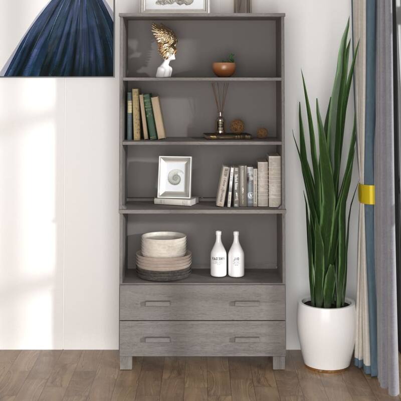 vidaXL Drawer Cabinet Bookshelf with Storage Shelves HAMAR Solid Wood Pine - 33.5" x 13.8" x 70.9" - Light gray
