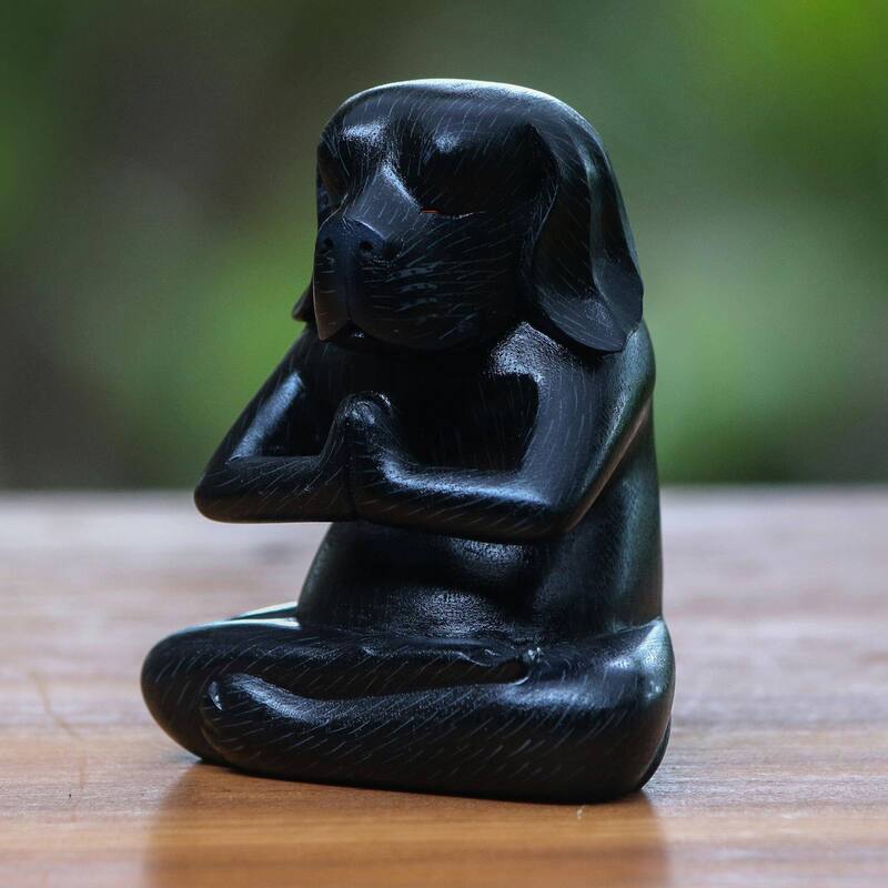 Novica Handmade Black Yoga Beagle Wood Statuette