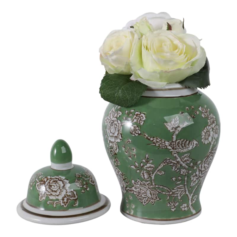Ceramic Decorative Temple Jar Bird Flower with Lid for Home Decor