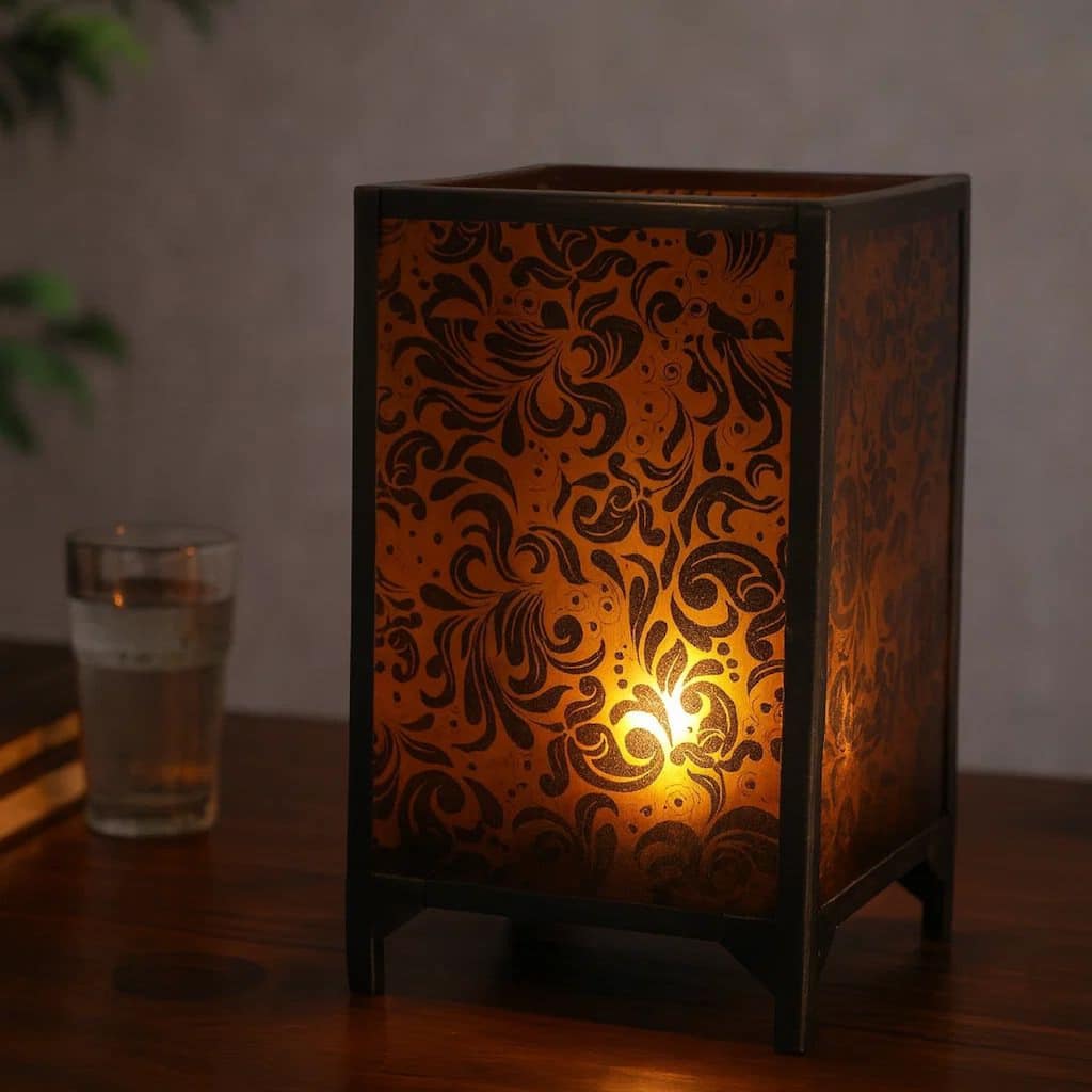 Cuboidal Metal and Glass Filigree Candleholder, Black and Clear