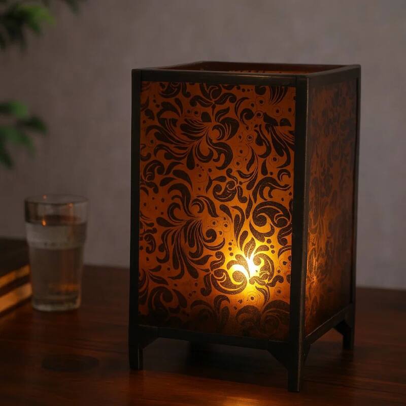 Cuboidal Metal and Glass Filigree Candleholder, Black and Clear