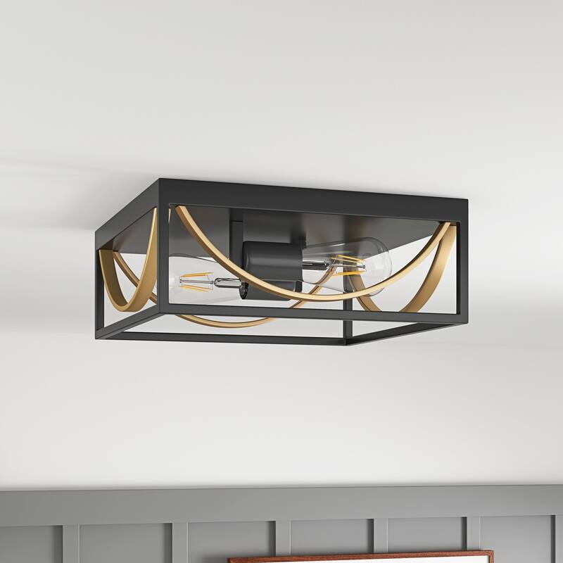Farmhouse 2-Light Black & Gold Square Flush Mount Ceiling Light Fixture