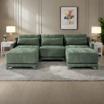 105.9" Chenille 3-Seater Sofa with 2 Movable Ottomans, Lumbar Pillow, High-Resilience Sponge and Wooden Base
