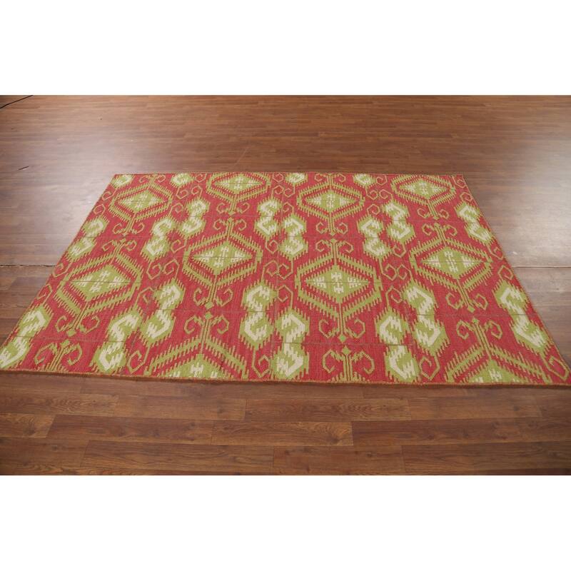 All-Over Pink Geometric Kilim Oriental Area Rug Handmade Wool Carpet - 4'9"x 7'1"