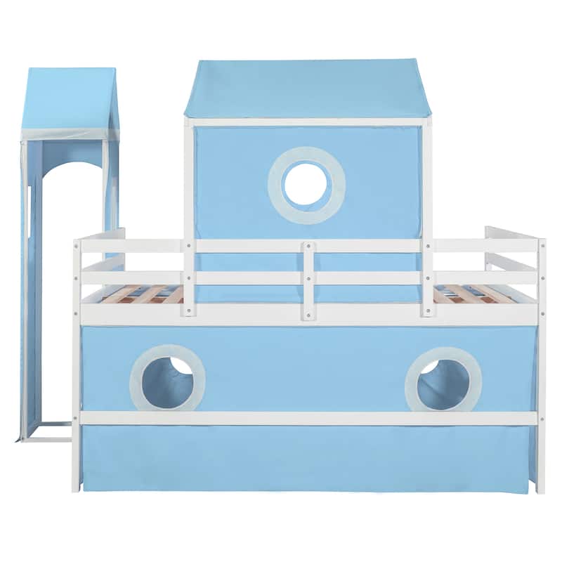 Full/Twin Size Loft Bed with Slide, Pink Tent, Tower, Playhouse Design - Sturdy Solid Wood Construction, Storage Space