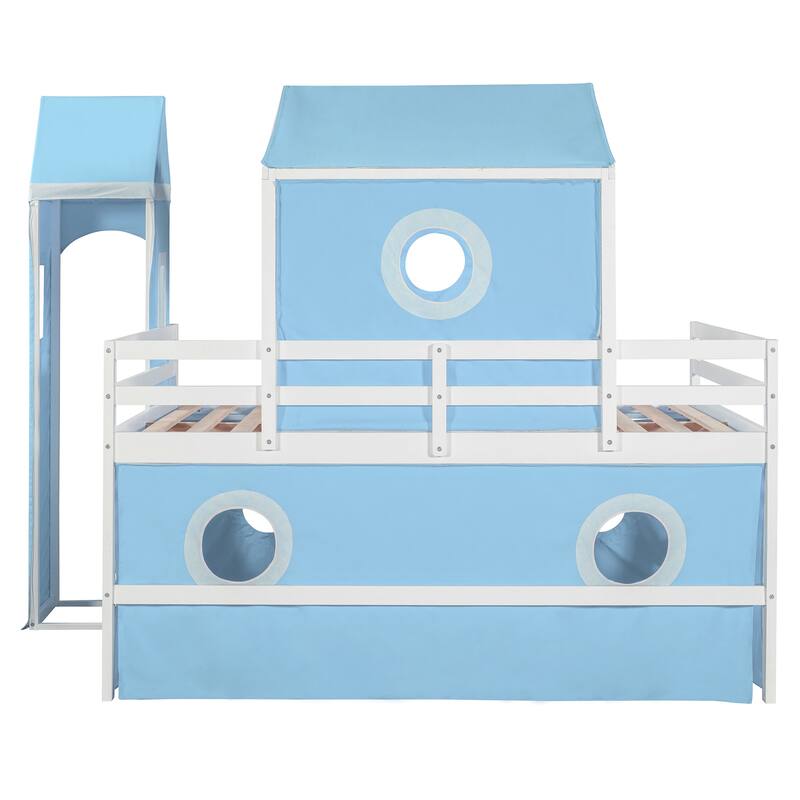 Twin/Full Size Wooden Playhouse Loft Bed with Tent and Tower, Solid Pinewood Low Loftbed Frame with Slide and Ladder