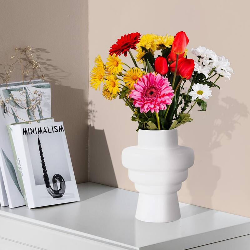 Allan Andrews Matte White Cylindrical Rounded Curved Ceramic Vase Collection