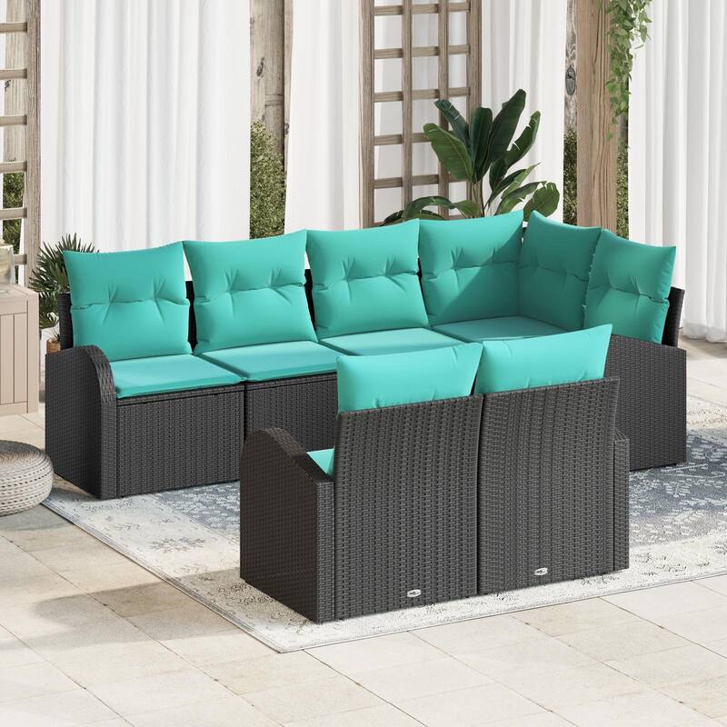 vidaXL 7 Garden Sofa Set with Cushions Black/Brown/Grey Poly Rattan - 92.1 x 48.8 x 27.2 - Black
