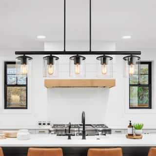 Farmhouse 5-Light Linear Black Chandelier with Clear Glass for Kitchen Island - L37"xW4.7"xH44.5"