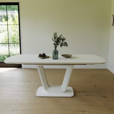 Expandable Grey White MDF Dining Table with U-Shaped Legs for Family Gatherings 2-8 Seats - 63”-78.74”L x 35.43''W x 29.92”H