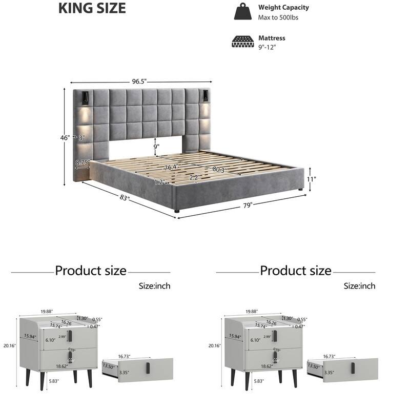 3-Pieces Bedroom Sets,Velvet Upholstered Bed with Grid Pattern Padded Headboard, Nightstands Set of 2 with 2 Drawers