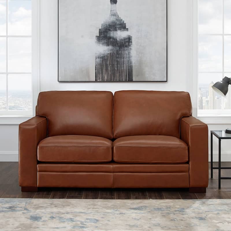 Hydeline Dillon Top Grain Leather Loveseat With Feather, Memory Foam and Springs - Cinnamon Brown