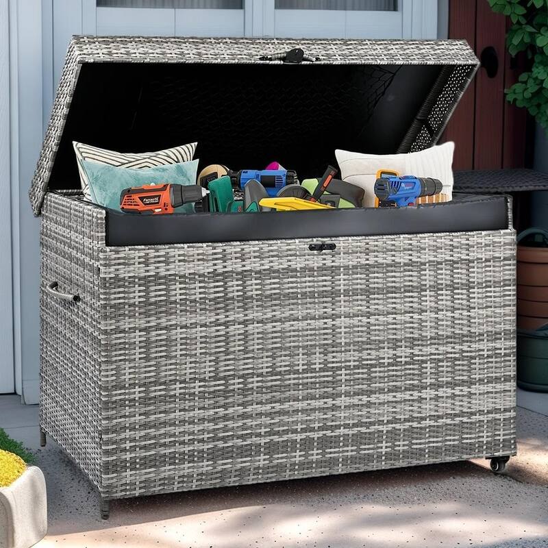 230 Gallon Wicker Deck Box with Wheels,All-Weather Outdoor Storage Box,Rattan Storage Bin - N/A - Grey