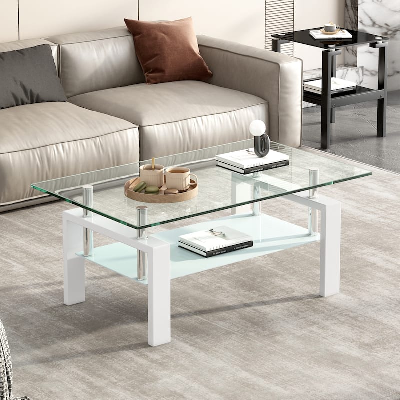 Tempered Black Glass Coffee Table, 2-Layers Tea Table, suitable for dining room, office, living room, bedroom - White