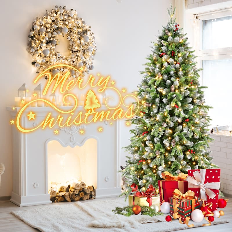6ft Pre-Lit Christmas Tree with 380 LED Lights, 1264 Tips, Frosted Greenery with Red Berries & Natural Pinecones, Metal Stand