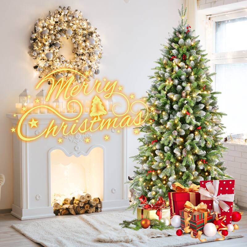 Pre-Lit Artificial Christmas Tree - Warm White LED Lights, Frosted Greenery, Red Berries, Pinecones, Metal Stand - Green