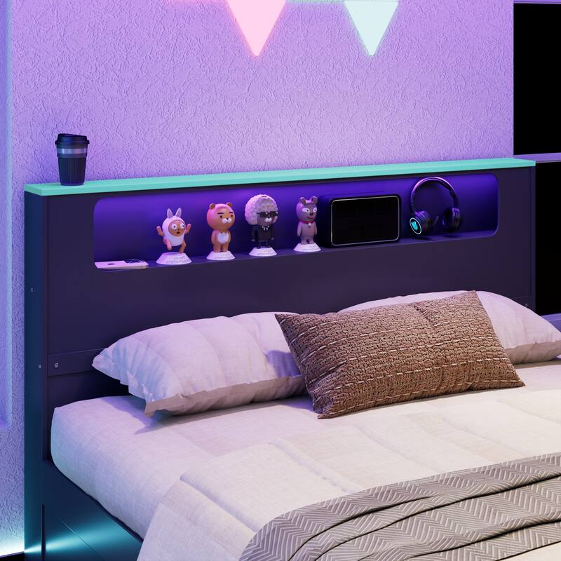 Wood Daybed with Trundle & Built-in Desk, LED Lights & USB Charging Port, Available in Full or Twin