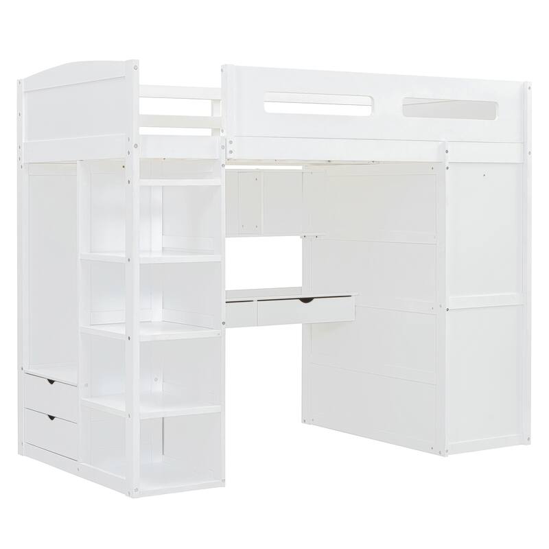 Twin Size Solid Wood Loft Bed with Desk, Wardrobes & Drawers