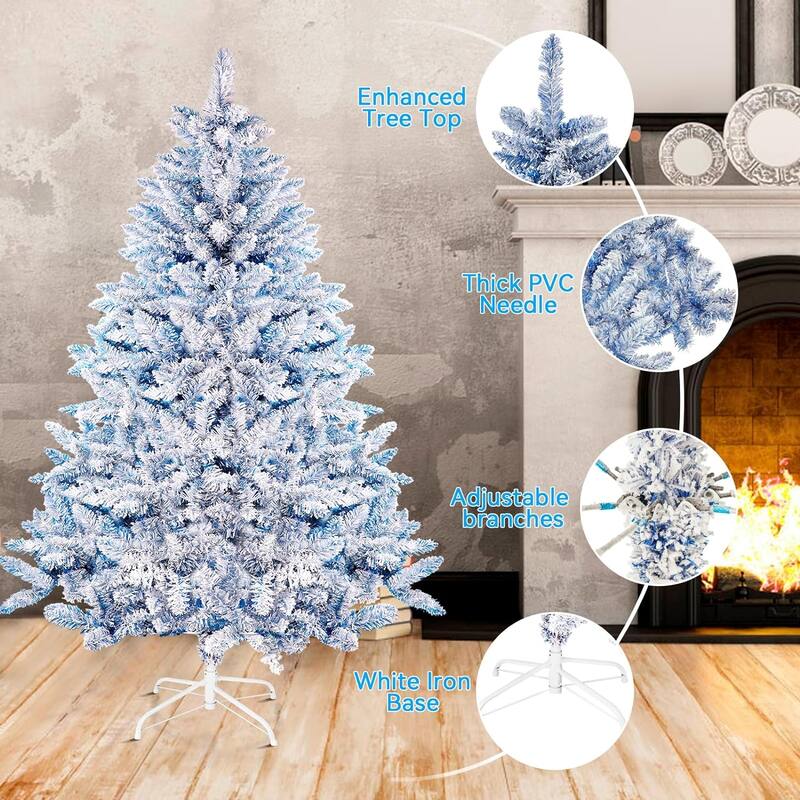 6FT White/Blue/Pink Artificial Xmas Snow Flocked Christmas Tree with Metal Stable Stand Base