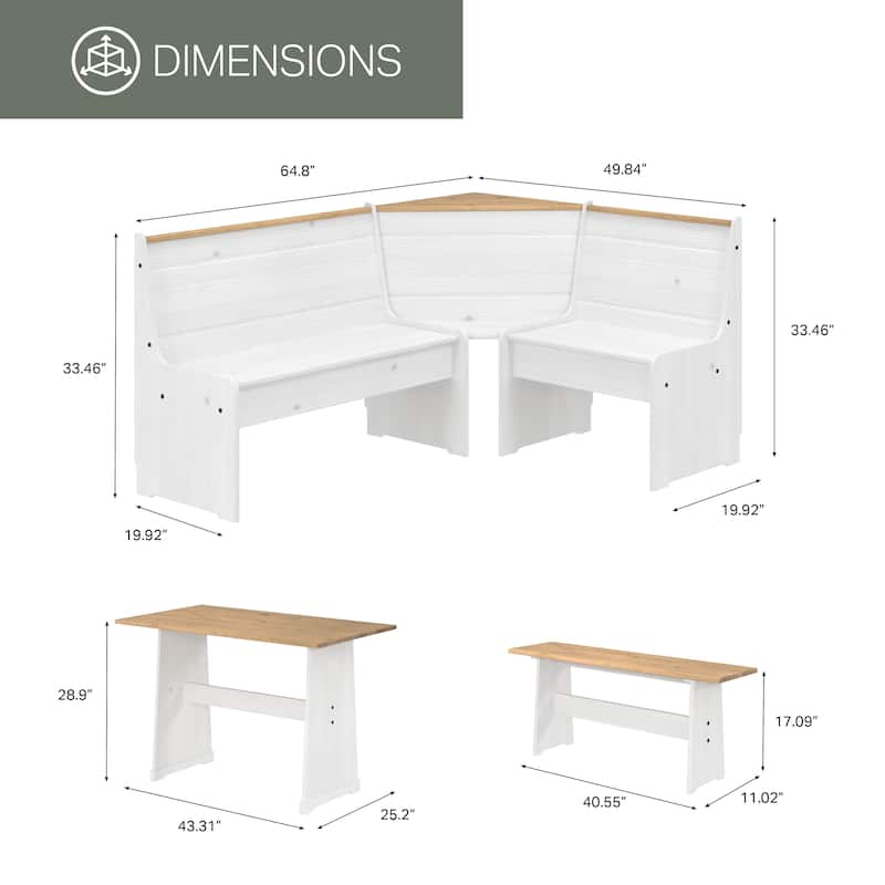 OSHOME Model COW805 Solid Pine Corner Dining Booth in Distressed White