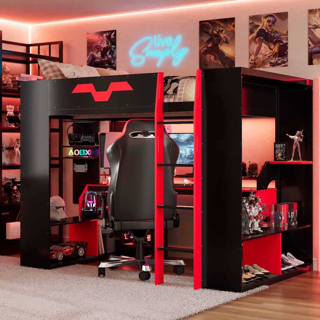 Full Size Wood Loft Bed with USB/Type-C Ports & RGB Light - Integrated Cable Management