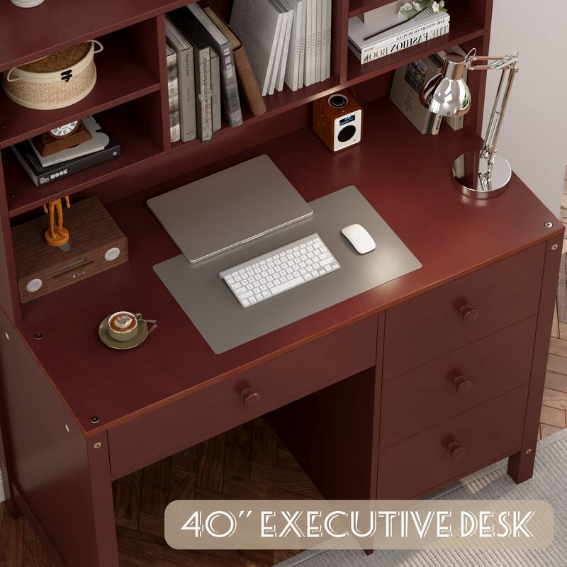 40" Home Executive Desk and Chair Set with 4 Drawers, Retro Computer Desk Office Table Study Desk with Storage Bookshelf