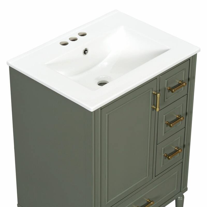 24" Modern Bathroom Vanity with Ceramic Sink, Soft-Close Door, 3 Drawers, Gold Handles & Door Rack