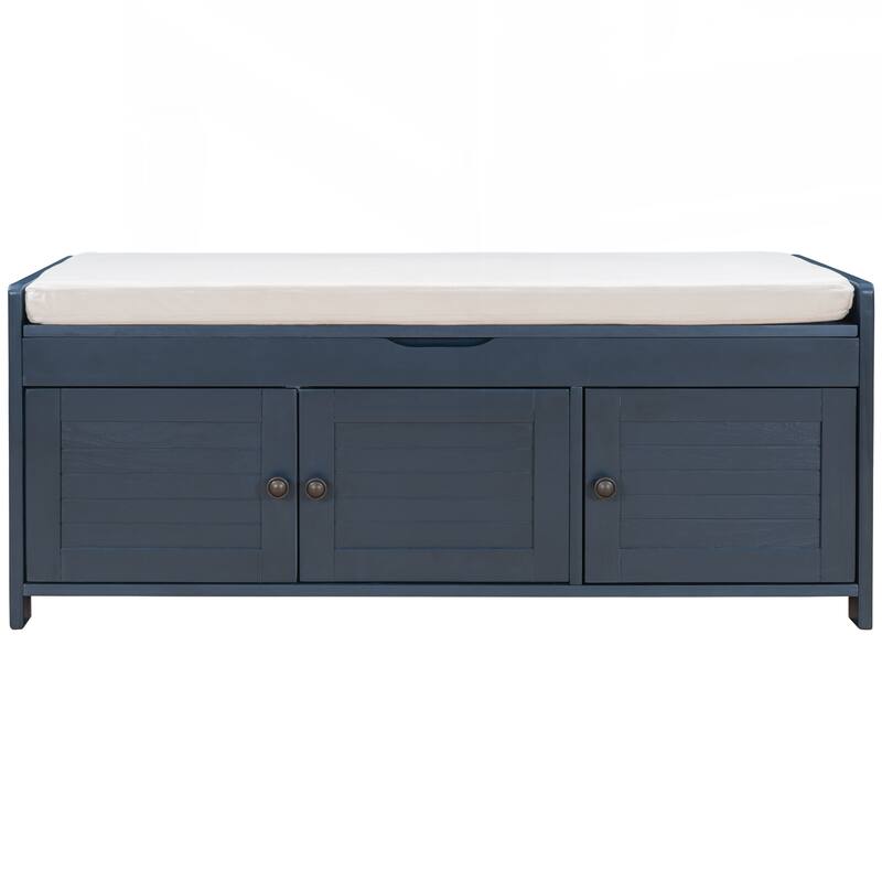 Storage Bench with 3 Shutter-shaped Doors, Shoe Bench with Removable Cushion and Hidden Storage Space