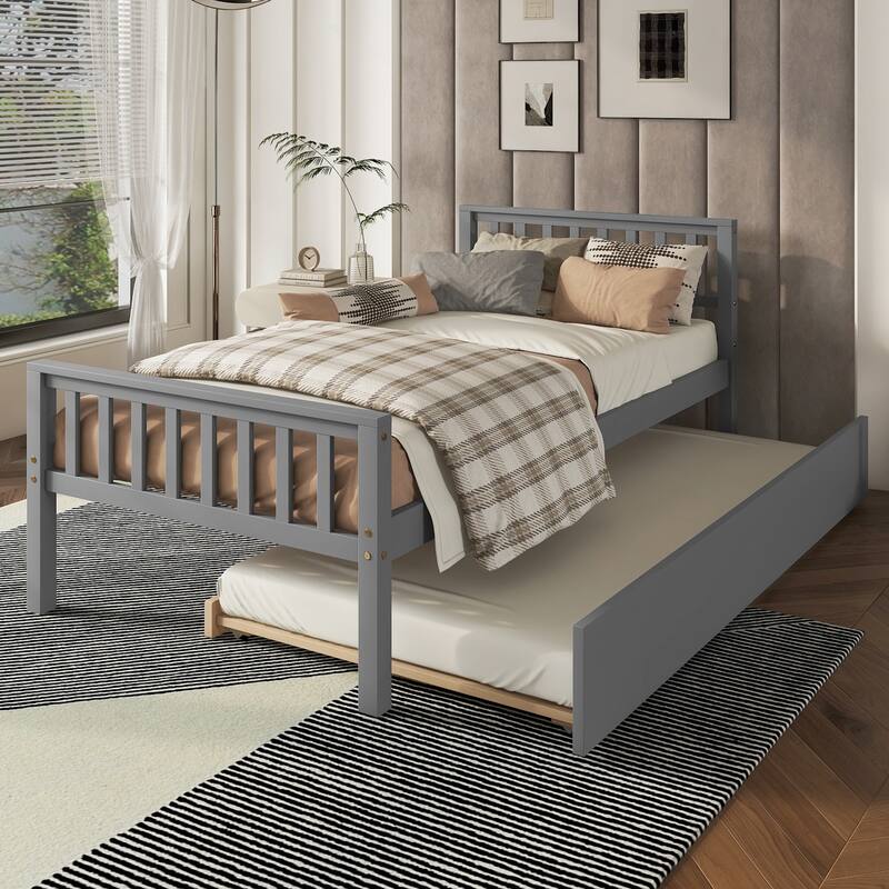 Grey Twin Size Platform Bed Frame with Twin Size Trundle, Headboard & Footboard Bunk Bed - Grey