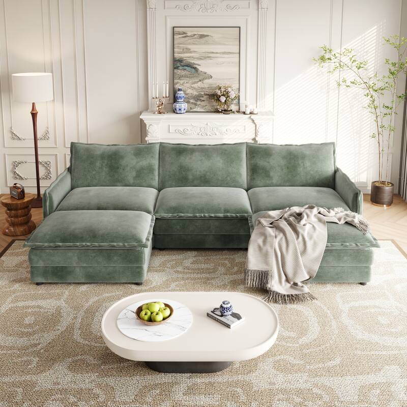 Living Room U-shaped Sectional Sofa with Chaise Corduroy Fabric Upholstered Deep Seat 3 Seater Couch with 2 Ottomans - Green