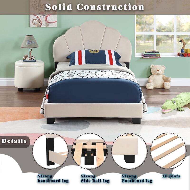 Twin Size Shell Design Upholstered Platform Bed with Slatted Bed Base