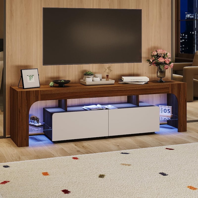 63 Inch TV Stand, Lighting TV Cabinet Entertainment Center, Brown - N/A